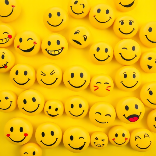 Create an image of a vibrant yellow background filled with various smiley faces, including happy, neutral, and sad expressions in different sizes; use a Canon EOS R5, aperture f/8, shutter speed 1/200s, ISO 200, 24mm lens, top-down view, high resolution for clarity and detail.