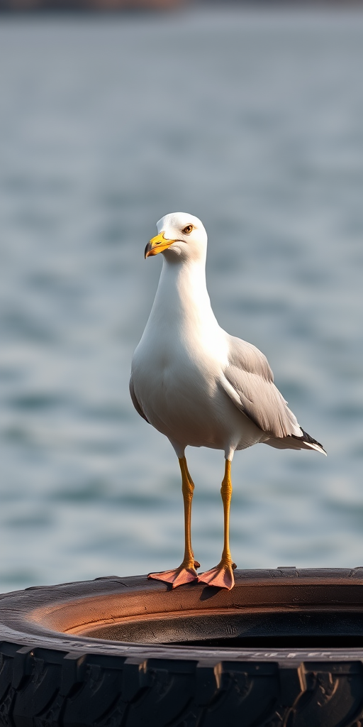 A seagull standing on a tire by the water, captured with a Canon EOS 5D Mark IV at f/8, 1/500s, ISO 200, 85mm lens, natural light, shallow depth of field for a soft background.