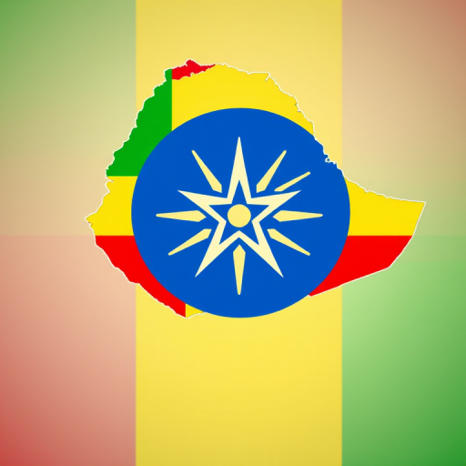 Create a high-resolution image of the map of Ethiopia with a circular blue emblem featuring a white star and rays, display the green, yellow, and red colors of the Ethiopian flag integrated into the map outline, use a DSLR camera type with a focal length of 50mm, aperture set to f/8, ISO 100, and a landscape orientation for enhanced clarity and detail.