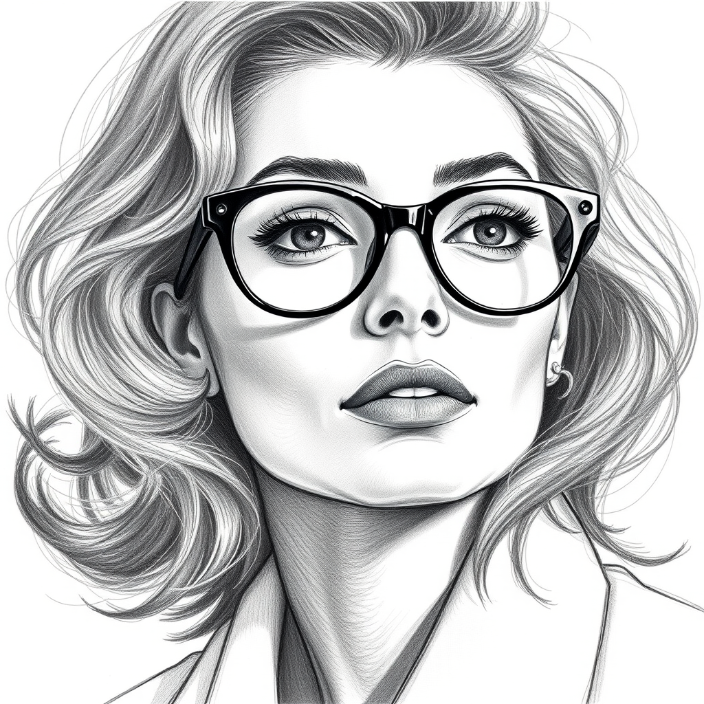 Beautiful Lauren Bacall, pencil sketch, portrait of beautiful woman 60s in glasses, hair style beatnik, outline, clear lines, fine lines, 8k
