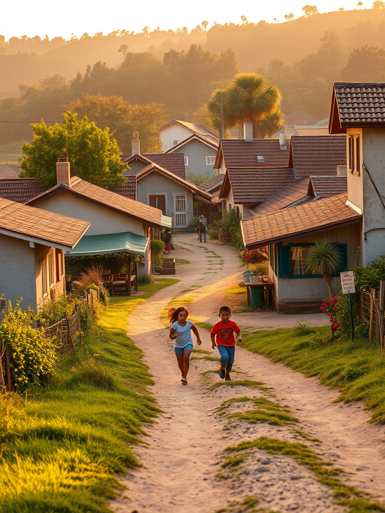 Create a vibrant landscape of a quaint village with children running down a dirt path, surrounded by charming houses and lush greenery, captured with a DSLR camera at f/8, ISO 100, 24mm lens, in natural light during golden hour, emphasizing a warm and inviting atmosphere.