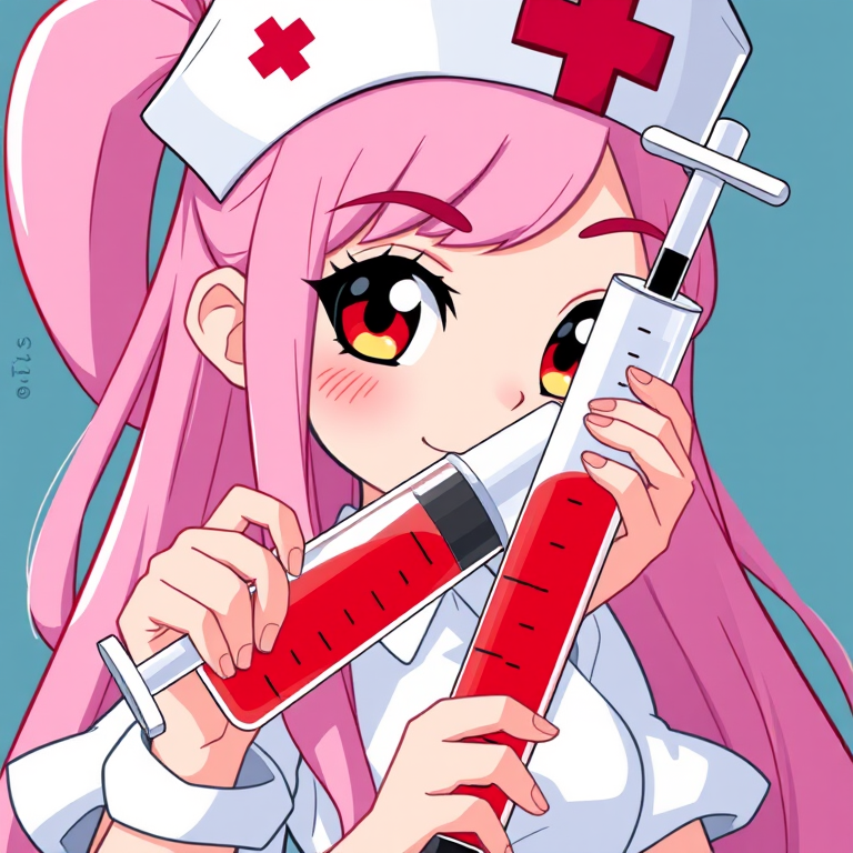 Create an illustration of a female nurse character with long pink hair, holding a large syringe filled with red liquid, wearing a white uniform with a red cross on her cap and dress, in a vibrant cartoon style; camera settings: f/4, ISO 100, 1/250s; camera view: close-up; camera style: colorful and playful; camera type: digital illustration.