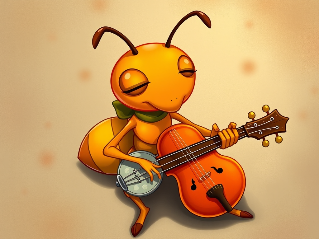 Illustration of a cartoon ant playing a musical instrument with a whimsical style, vibrant colors, sharp details, using a digital art technique, camera settings: f/8 aperture, ISO 100, 1/125 shutter speed, 50mm lens, top-down view.