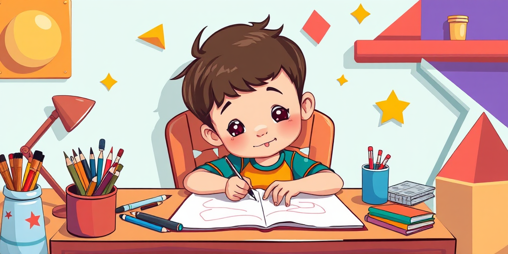 Create a colorful illustration of a young boy sitting at a desk drawing, surrounded by art supplies and geometric shapes, in a vibrant, cartoonish style, captured with a DSLR camera, 50mm lens, f/4 aperture, ISO 100, natural lighting, and a slight perspective angle for depth.