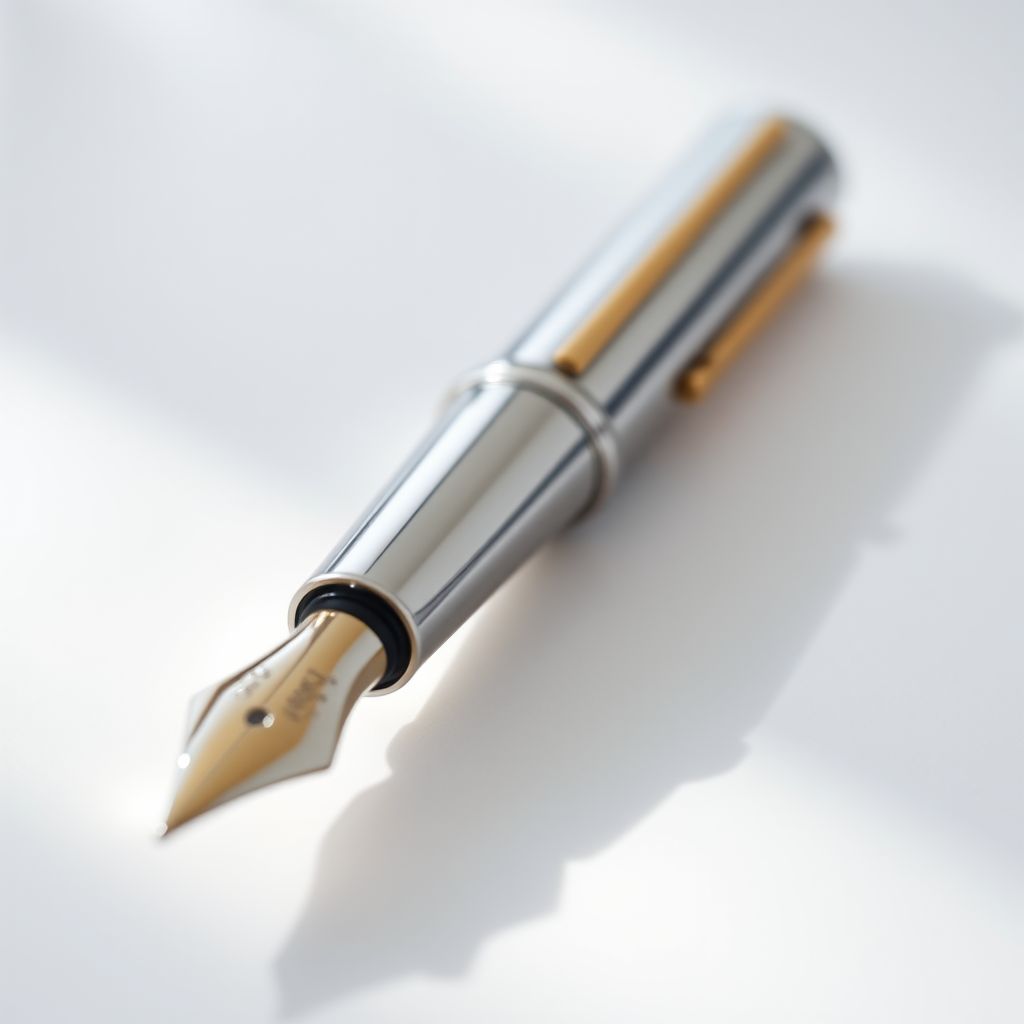 a close-up of a sleek silver fountain pen with a gold nib resting on a smooth white surface, soft diffused lighting to create gentle shadows, 50mm lens, aperture f/2.8, ISO 100, shot with a DSLR camera