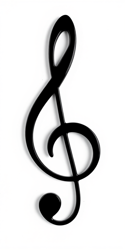 Create a high-resolution image of a black treble clef on a white background, using a DSLR camera with a 50mm lens, aperture set to f/2.8, ISO 100, and soft diffused lighting for enhanced clarity and contrast.