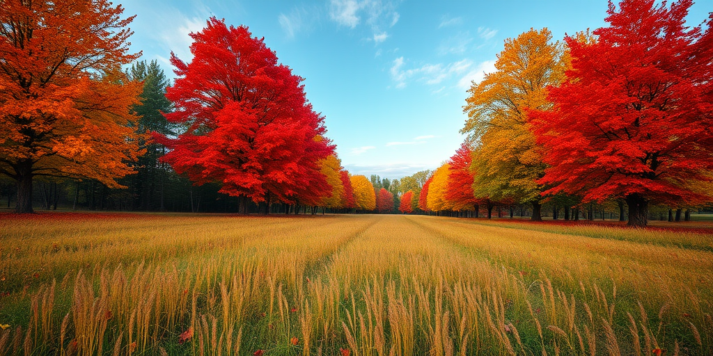 Create a vibrant landscape image of a field with colorful autumn foliage featuring red, orange, and yellow trees, a clear sky in the background, taken with a DSLR camera at f/8 aperture, ISO 100, 24mm lens, using a wide-angle view to capture depth and detail in the foreground and background.