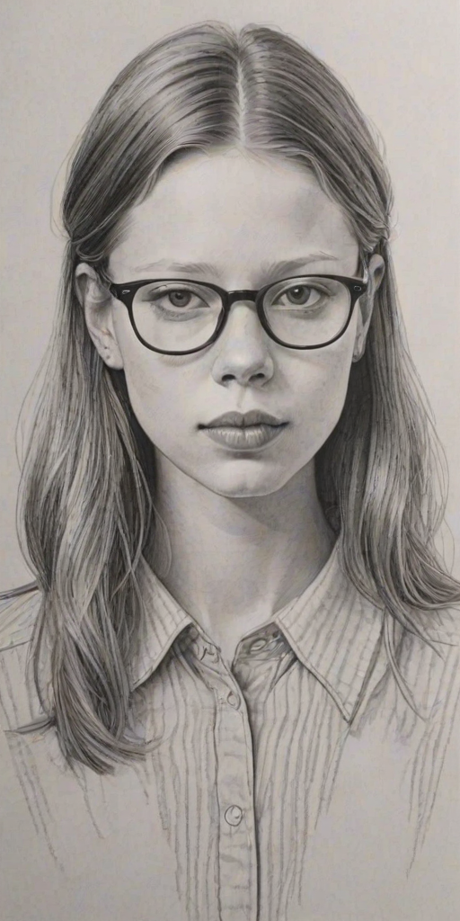 Beauteous Mia Goth, pencil sketch, portrait of Splendid woman 1976s in glasses, hair style beatnik, outline, clear lines, fine lines, 8k