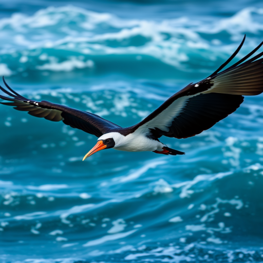 Capture a close-up shot of a magnificent frigatebird in mid-flight against a backdrop of crashing ocean waves, using a Canon EOS R5 with an EF 70-200mm f/2.8L IS III USM lens, aperture set to f/4 for sharp focus, ISO 100 for clarity, and a shutter speed of 1/2000 sec to freeze the motion, ensuring vibrant colors and high detail in the feathers and water.