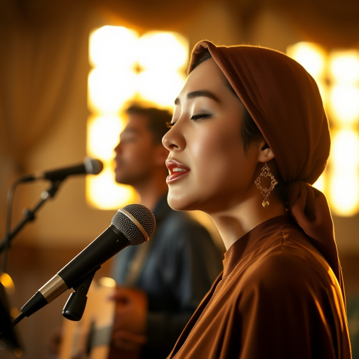 A close-up portrait of a asian woman with her eyes closed, singing into a microphone, positioned on the right side of the frame, facing the viewer. She is wearing a brown headscarf, gold earrings, and a brown blouse, and is bathed in warm, golden light emanating from the windows behind her. A blurred figure of a man singing into a microphone is visible in the background. The scene has a sense of calm and spirituality.