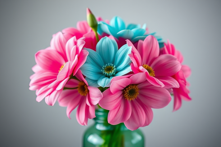 Capture a vibrant bouquet of pink and teal flowers in a green glass vase, using a DSLR camera with a 50mm lens, aperture set to f/1.8 for a shallow depth of field, ISO 200, and a soft natural light setup for enhanced color and detail.