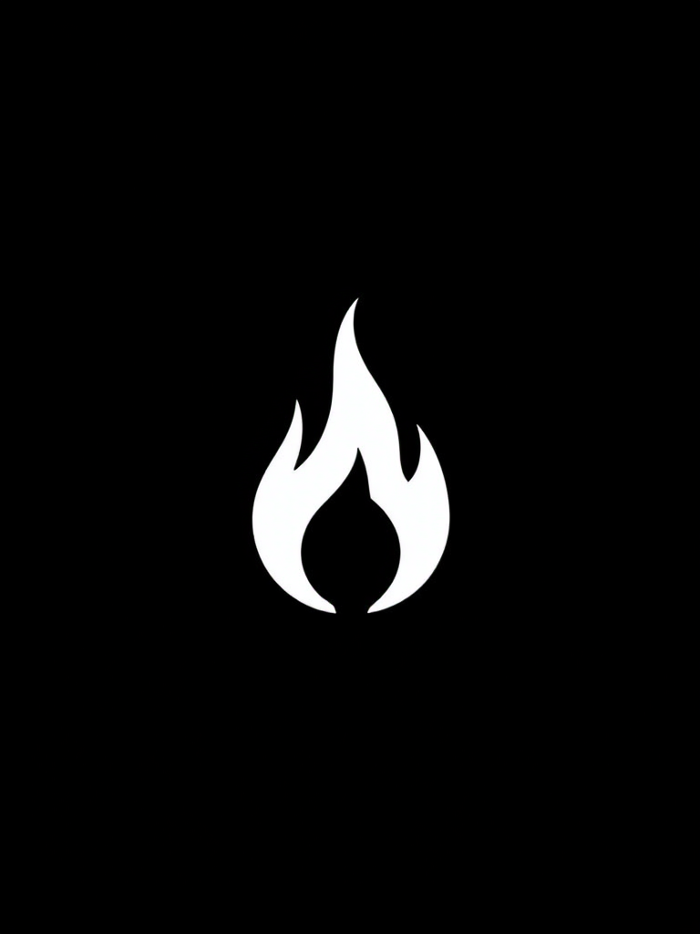 Generate a high-resolution image of a stylized flame logo centered within a circular frame, with a matte black background, using a Canon EOS R5 camera, 50mm lens at f/1.8, ISO 100, with soft natural lighting and a slight vignette effect for depth.