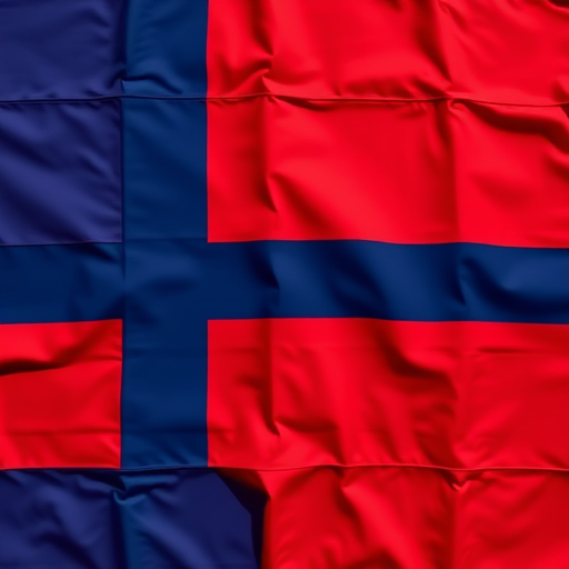 Create a high-resolution image of the Faroe Islands flag with vibrant colors, shot with a Canon EOS R5 at ISO 100, f/8 aperture, 50mm lens, using a top-down view in bright daylight.