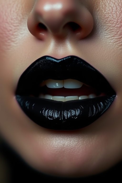 Dramatic "Velvet Noir" lip stain delivering intense black pigmentation with a velvety finish, perfect for gothic and high-fashion looks that demand ultimate impact