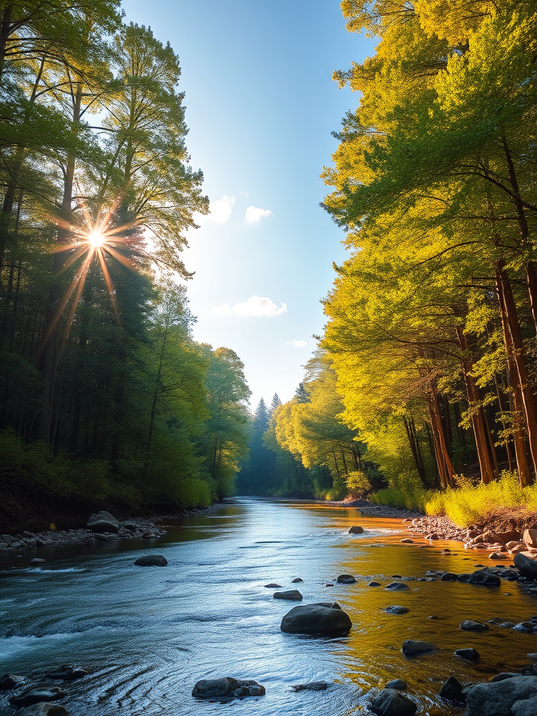 Create an image of a serene, sunlit forest scene with a clear, gently flowing river. Tall trees with lush green foliage line both sides of the river, their leaves bathed in the warm golden light of the setting or rising sun. The sunlight filters through the trees, casting soft, dappled light on the river, which flows over smooth rocks and pebbles, creating a peaceful, natural atmosphere. The sky is bright with a few scattered clouds, and the overall mood is tranquil, evoking a deep sense of connection with nature. The image captures the beauty of a calm, pristine forest landscape at either dawn or dusk.