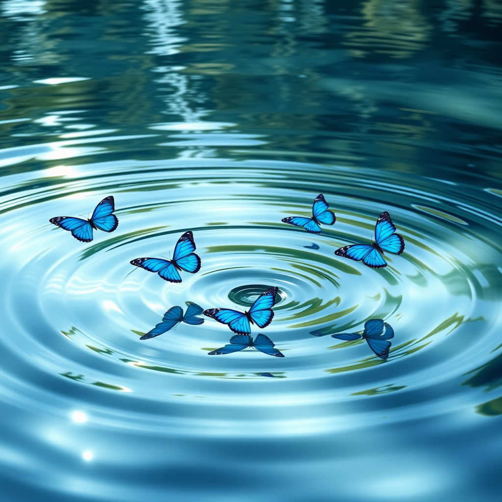 Generate an image of serene water with gentle ripples, featuring several vibrant blue butterflies gracefully floating on the surface. The scene should capture the play of light reflecting off the water, creating a tranquil and dreamy atmosphere.