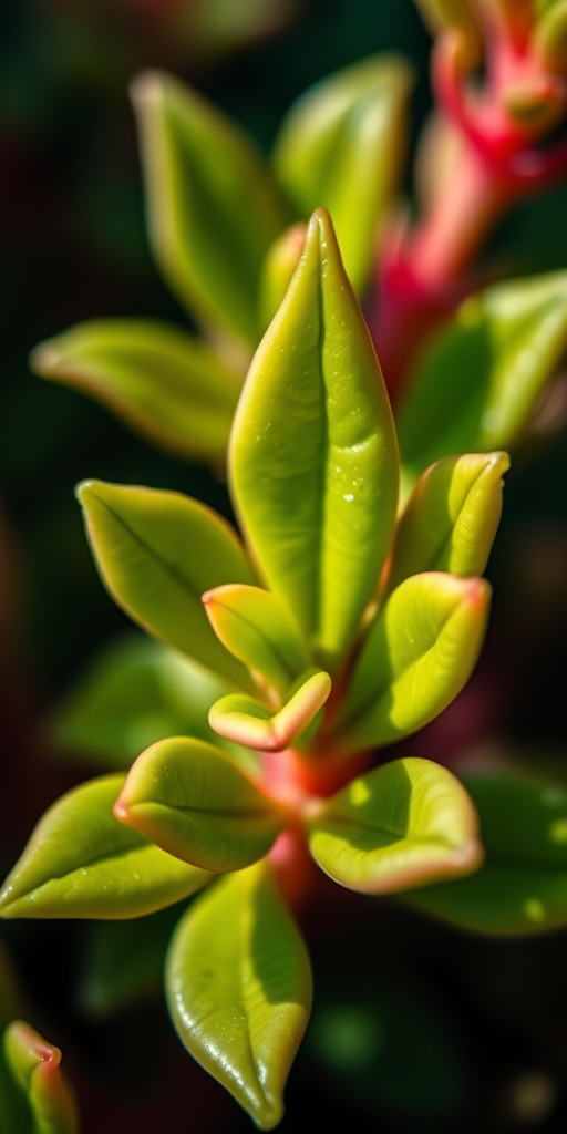close-up of jade plant leaves with shallow depth of field, soft natural light, aperture f/2.8, shutter speed 1/100 sec, ISO 100, macro lens, DSLR camera, vibrant color enhancement