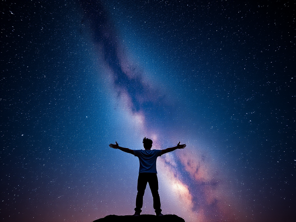 A person standing with arms outstretched against a cosmic backdrop filled with stars and nebulae, captured with a Canon EOS R5 at 24mm, f/1.8, ISO 100, long exposure, high dynamic range, in a surreal style.