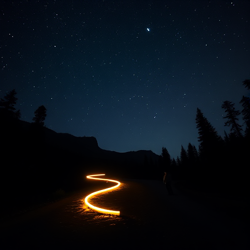A man standing on a path in a dark forest under a starry night sky, with a glowing yellow trail in the shape of a curve, surrounded by silhouetted trees and mountains in the background, captured with a Canon EOS R5, 24mm lens, f/2.8 aperture, ISO 400, 15-second exposure.