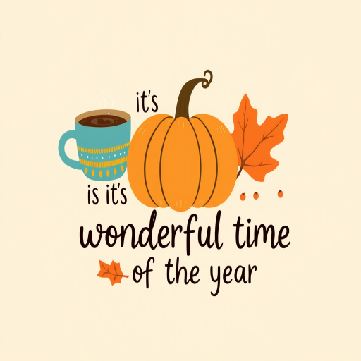 Create a cozy autumn-themed illustration featuring a smiling pumpkin, a warm coffee cup, a colorful sweater, and a vibrant fall leaf with the text its the most wonderful time of the year in a playful font on a soft beige background.