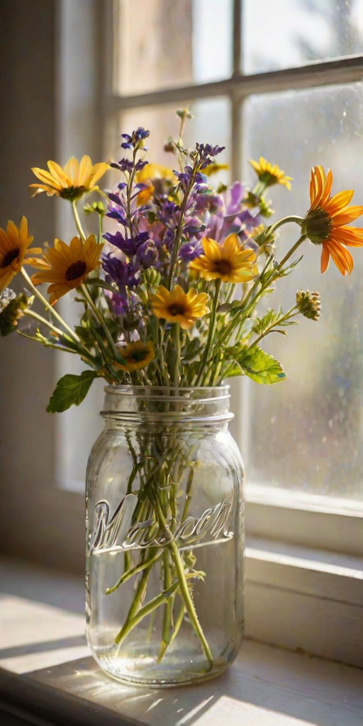 Softly focused close-up of a bouquet of wildflowers in a mason jar on a windowsill, soft sunlight streaming through sheer curtains, with delicate petals and vibrant colors gently illuminated by the warm light.