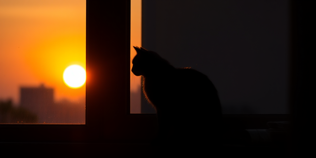 Create a high-quality image of a black silhouette of a cat sitting on a window ledge at sunset, with a Canon EOS R5, 50mm f/1.2 lens, aperture set to f/2.8, ISO 100, and a warm color filter for enhanced lighting.