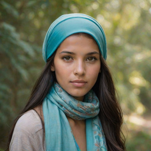 Create a portrait of a young Inca female with long, dark hair and captivating hazel eyes. She is wearing a cyan headscarf and a matching scarf draped gracefully around her neck. The background is softly blurred, focusing attention on her serene and natural expression. The overall color palette is muted and warm, enhancing the intimate and authentic feel of the portrait.