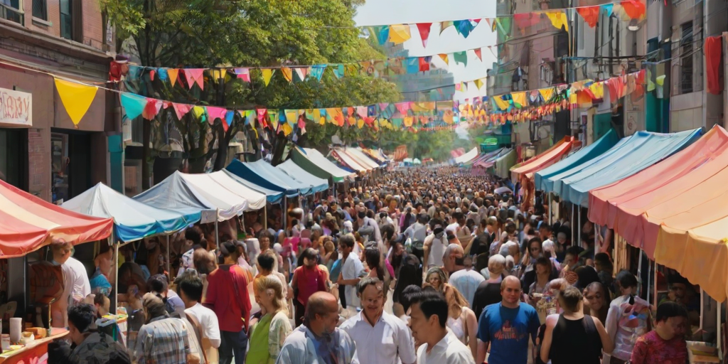 Vibrant street lined with food trucks during a festival, people sampling different cuisines, cheerful conversations filling the air, and colorful banners fluttering overhead.