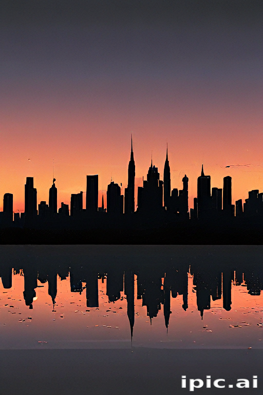 Stunning Sunset Over City Skyline Reflected in Calm Water Below