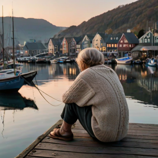 Old fishing village at dawn, boats bobbing gently in the harbor, a woman in a woolen sweater sits on the dock, her feet dangling over the edge as she watches the fishermen prepare for the day ahead.