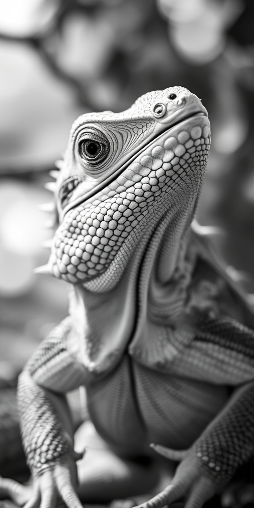 a high-resolution photograph of an iguana in black and white, captured with a DSLR camera at f/2.8 aperture, ISO 100, 50mm lens, with a shallow depth of field and soft focus background, taken in natural light to enhance texture and detail