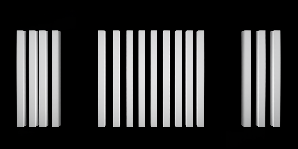 Create a high-contrast black and white image of vertical white bars against a black background, using a DSLR camera with a 50mm lens, aperture set to f/1.8, ISO 100, shutter speed 1/200s, and a center composition style for enhanced clarity and sharpness.