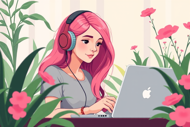 Create a digital illustration of a woman with pink hair wearing headphones and working on a laptop, surrounded by green plants and pink flowers, using a soft focus camera style, 50mm lens, f/1.8 aperture, 1/100s shutter speed, and a warm color palette.