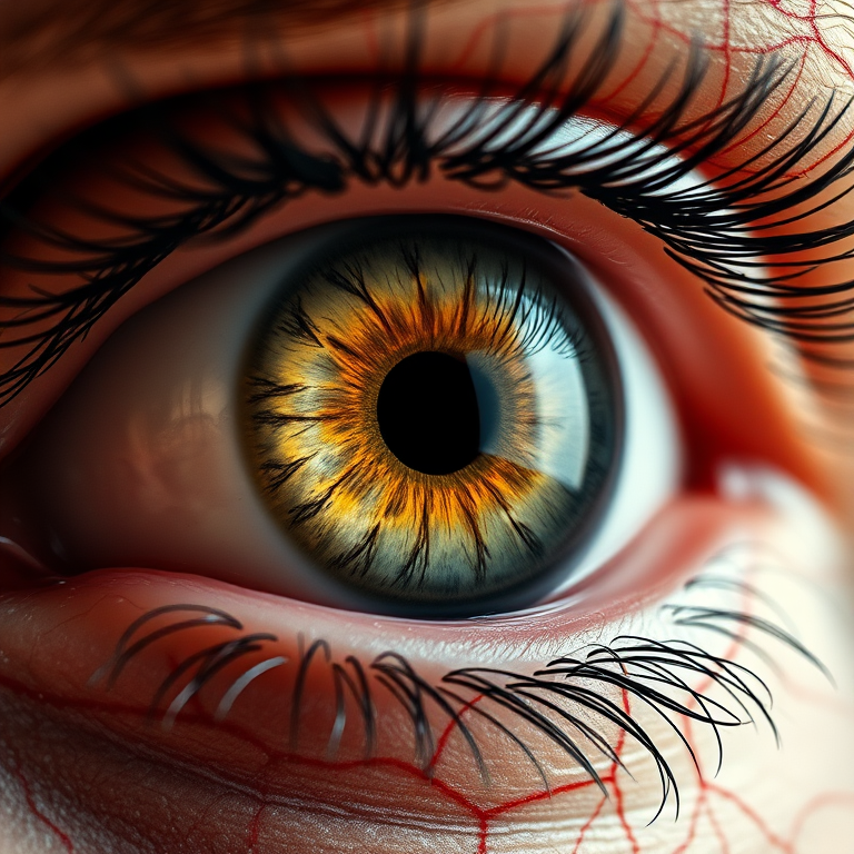 Create a hyper-realistic illustration of a human eye with detailed red veins, close-up view, using a DSLR camera with a 50mm lens, aperture f/1.8, ISO 100, and 1/200 sec shutter speed for enhanced depth and clarity.