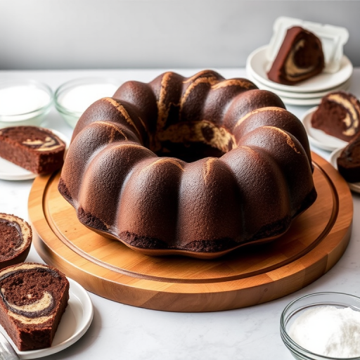 A beautifully presented chocolate marble bundt cake on a wooden serving board surrounded by slices on small plates with a light background and glass bowls of sugar and flour nearby.