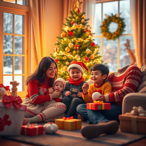 create a cozy family Christmas scene with a decorated tree and gifts, digital illustration, soft lighting, depth of field, 50mm lens, f/1.8 aperture, ISO 100, vibrant colors, warm tones, indoor setting with snow visible outside the window
