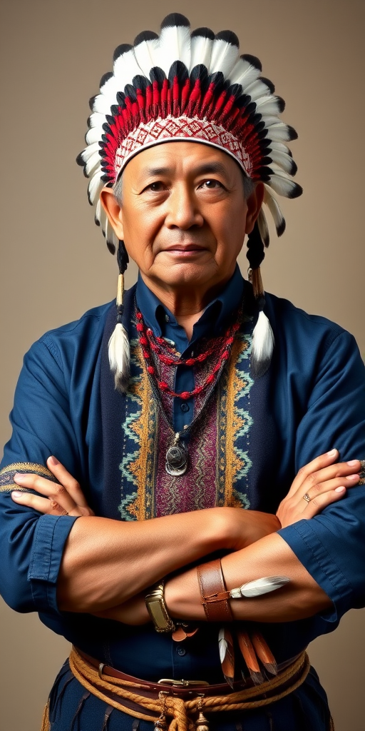 Create a dignified portrait of a Native American man dressed in traditional attire. He wears a beautifully crafted headdress adorned with white feathers and red beads, along with a beaded headband featuring intricate patterns. His clothing includes a deep blue, patterned shirt and a traditional chest piece with detailed beadwork. His arms are crossed, displaying leather armbands decorated with feathers. The background is simple and neutral, emphasizing his proud and stoic expression. The overall image captures the rich cultural heritage and strength of his persona.