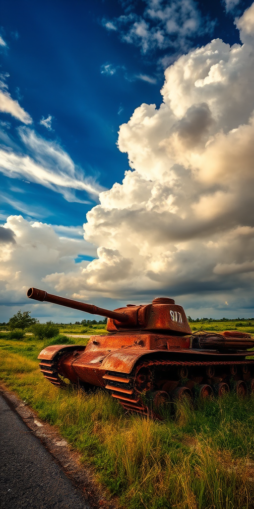Rusty tank abandoned on a roadside under a dramatic sky with clouds, 24mm, f/8, ISO 100, 1/250s, landscape orientation, HDR photography, digital camera.
