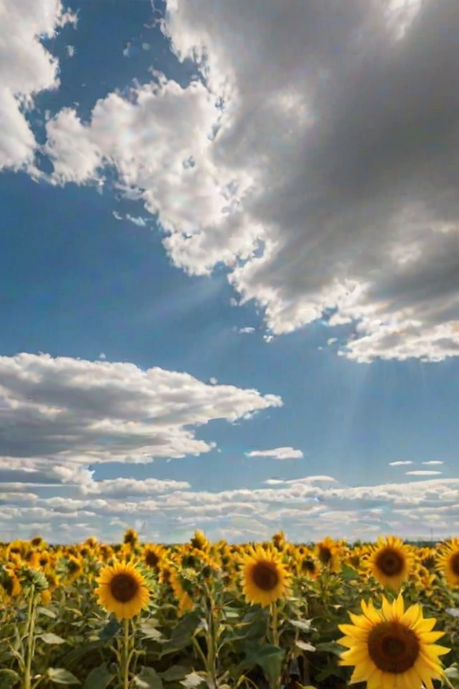 Soft-focus image of a field of sunflowers swaying gently in the breeze, soft golden light illuminating their vibrant petals, and a blue sky with fluffy white clouds overhead.