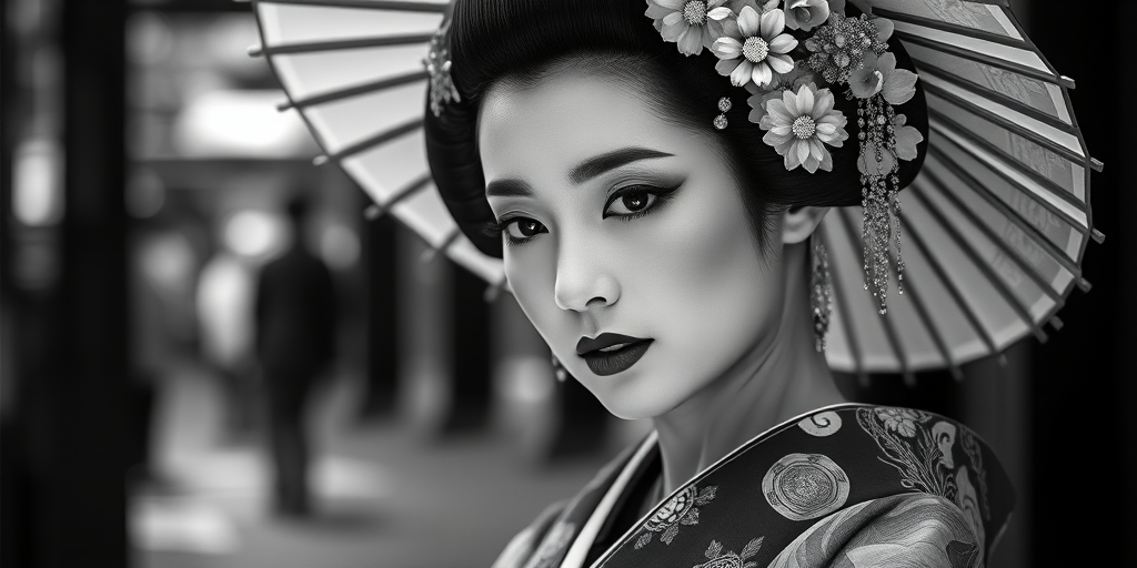 Create an elegant black and white portrait of a geisha in traditional attire, emphasizing intricate patterns and textures, shot with a DSLR camera at f/1.8, ISO 100, shutter speed 1/125s, using a shallow depth of field to blur the background, from a low angle view, in soft natural light for enhanced contrast and detail.