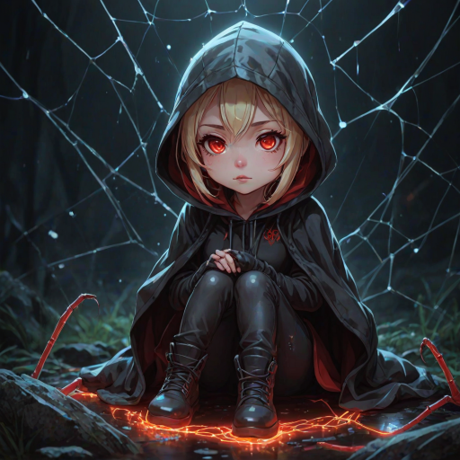 score_9, score_8_up, score_7_up,a woman with red eyes in a hood,a young woman,vinyl boots,dark background; liquid, particles, night, dark, glowing bioluminescence,zhibi, chibi, animal spider, small spider, chibi spider, cute happy spider, sitting in a spiderweb,transitioning into a vibrant,but it seems long abandoned. The overall atmosphere is heavy with suspense,Cinematography,hardware,blonde long hair,Dismissal at will, <lora:add-detail-xl:0.85>