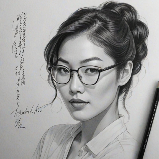 Stunning Arden Cho, pencil sketch, portrait of Enchanting woman 1951s in glasses, hair style beatnik, outline, clear lines, fine lines, 8k