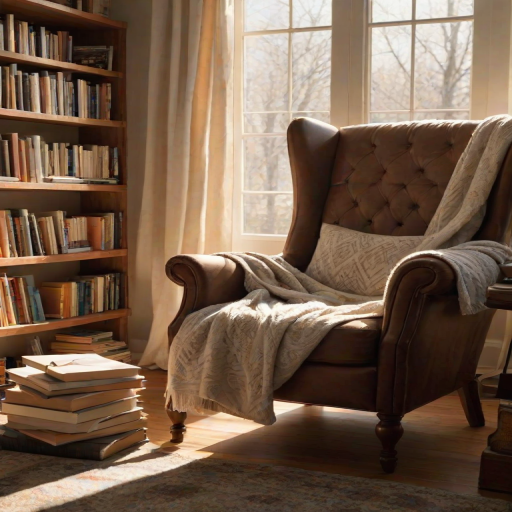 Warmly lit photo of a reading nook with a comfy chair, soft blankets draped over it, and a stack of books, with gentle sunlight streaming through a nearby window.
