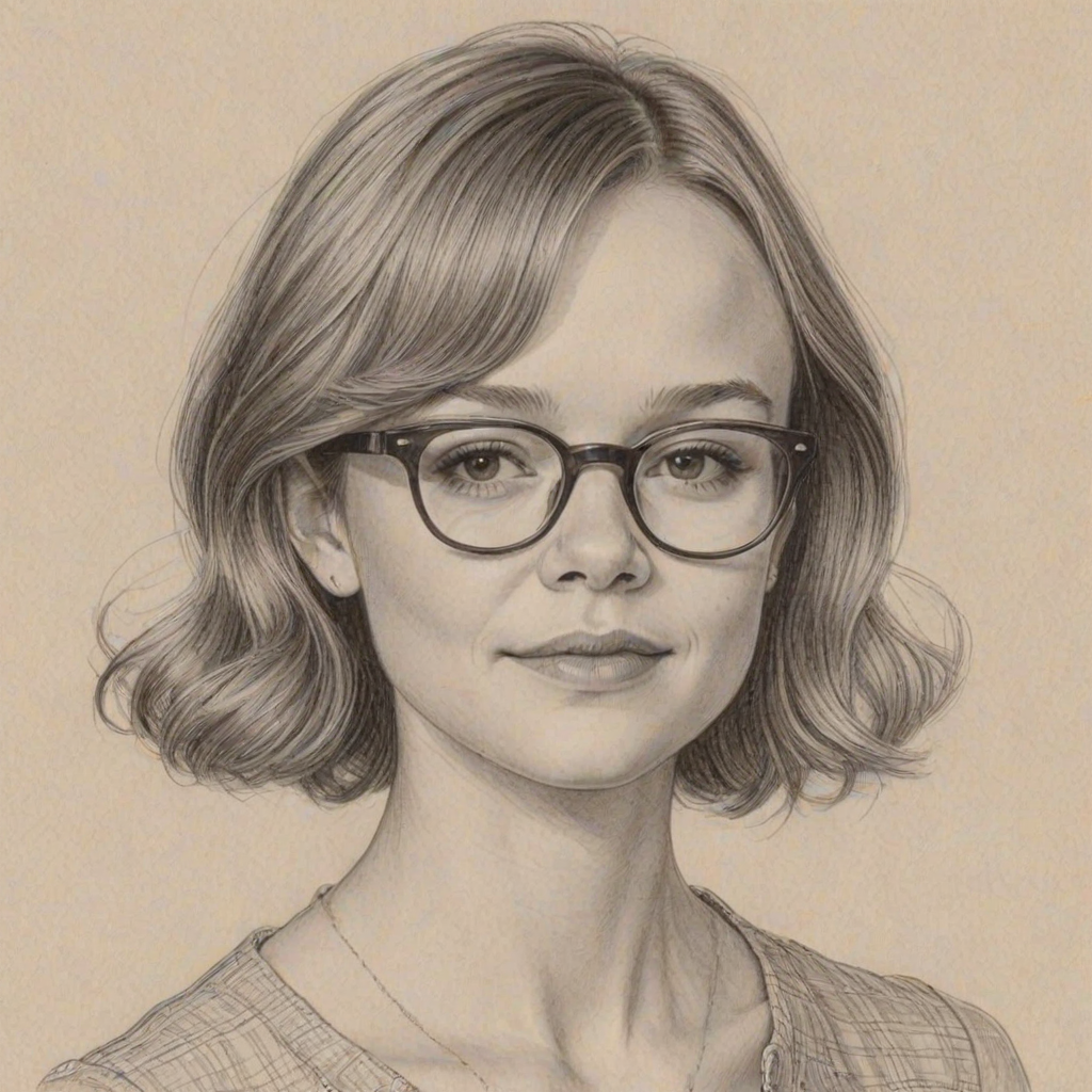 Graceful Carey Mulligan, pencil sketch, portrait of Lovely woman 1974s in glasses, hair style beatnik, outline, clear lines, fine lines, 8k