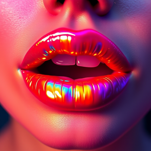 Holographic rainbow lips shifting colors as light moves across them, creating a mesmerizing, otherworldly effect that's both playful and avant-garde