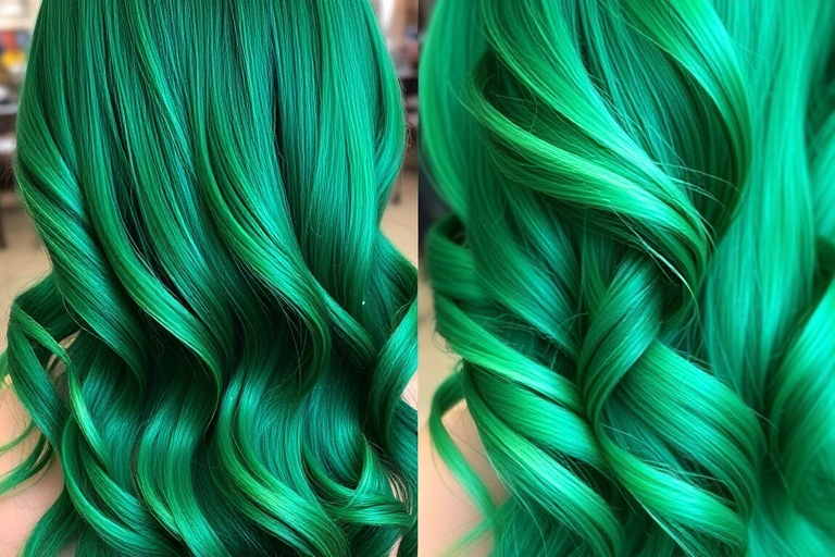 Emerald green mermaid waves expertly crafted by "Ocean's Crown" salon, showcasing long, luscious tresses with a seamless transition from deep forest green roots to vibrant seafoam tips, adorned with tiny, iridescent glitter accents that catch the light like shimmering scales.