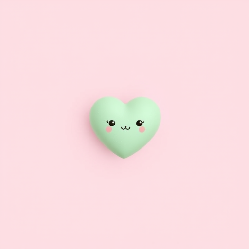 Create a minimalist digital illustration of a cute, soft green heart with a small shine and two tiny eyes, centered against a smooth pastel pink background, using a Canon EOS R5 camera with a 50mm f/1.8 lens, aperture set to f/2.8, shutter speed 1/125, and ISO 100 for enhanced clarity and color vibrancy.