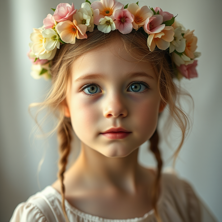 Portrait of a young girl with a floral crown and delicate features, shot in soft natural light with a shallow depth of field, using a Canon EOS R5 with an 85mm f/1.2 lens, focusing on the subject's face while softly blurring the background, in a whimsical and ethereal style.