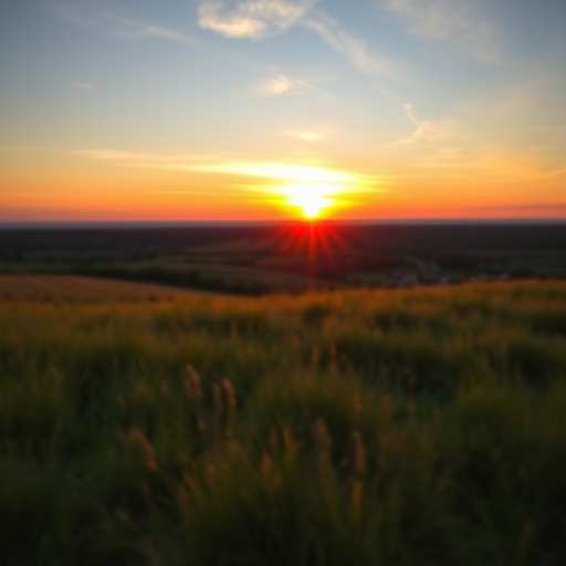 Generate a high-resolution image of a serene landscape at sunset with a DSLR camera, 50mm lens, f/2.8 aperture, ISO 100, 1/125 shutter speed, capturing rich colors and fine details in the foreground and background.