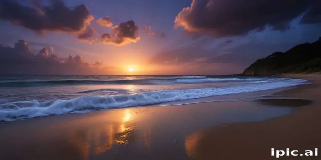Serene Sunset Over Calm Ocean Waves on a Tranquil Beach
